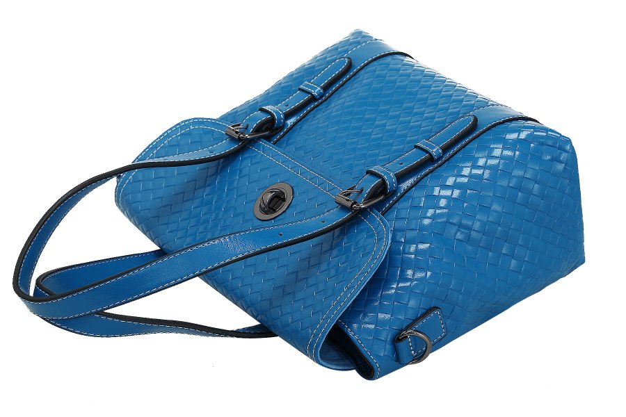Leather knitting bag blue